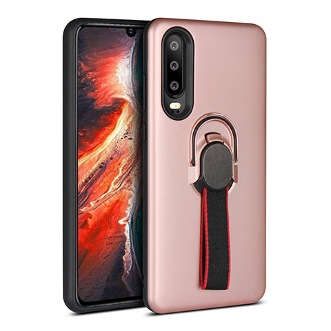 Coque Contour Silicone et Plastique Housse Etui Mat avec Support Bague Anneau pour Huawei P30 Or Rose