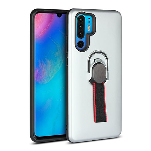 Coque Contour Silicone et Plastique Housse Etui Mat avec Support Bague Anneau pour Huawei P30 Pro Argent