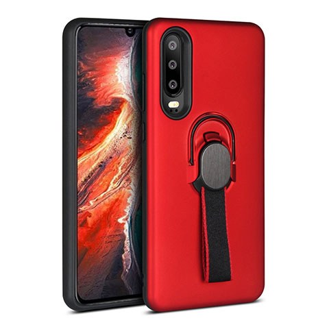 Coque Contour Silicone et Plastique Housse Etui Mat avec Support Bague Anneau pour Huawei P30 Rouge