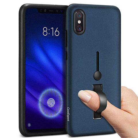 Coque Contour Silicone et Plastique Housse Etui Mat avec Support Bague Anneau pour Xiaomi Mi 8 Pro Global Version Bleu