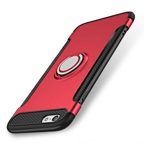 Coque Contour Silicone et Plastique Housse Etui Mat avec Support Bague Anneau S01 pour Apple iPhone 7 Rouge