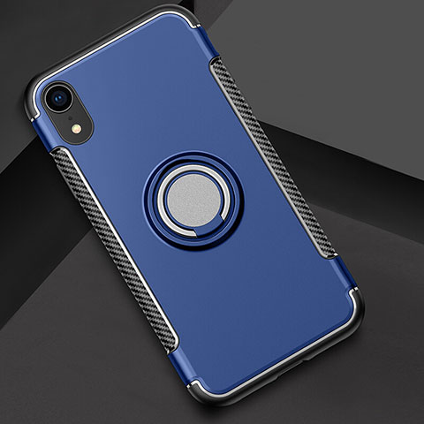 Coque Contour Silicone et Plastique Housse Etui Mat avec Support Bague Anneau S01 pour Apple iPhone XR Bleu