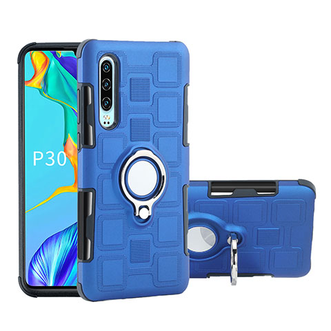 Coque Contour Silicone et Plastique Housse Etui Mat avec Support Bague Anneau S01 pour Huawei P30 Bleu