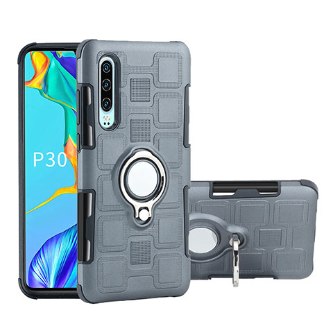 Coque Contour Silicone et Plastique Housse Etui Mat avec Support Bague Anneau S01 pour Huawei P30 Gris