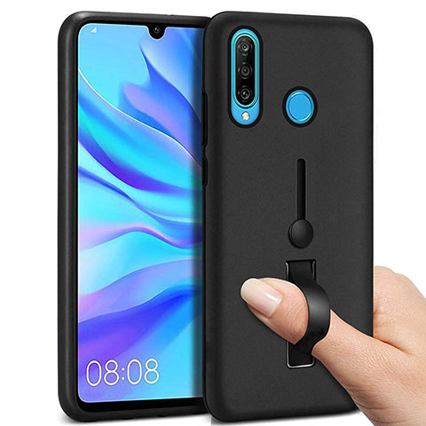 Coque Contour Silicone et Plastique Housse Etui Mat avec Support Bague Anneau S04 pour Huawei Nova 4e Noir