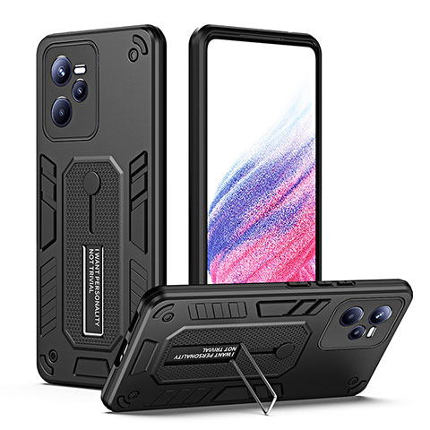 Coque Contour Silicone et Plastique Housse Etui Mat avec Support H01P pour Realme Narzo 50A Prime Noir