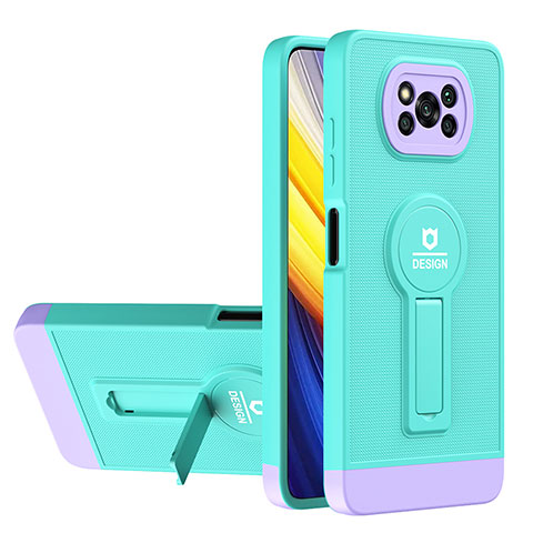 Coque Contour Silicone et Plastique Housse Etui Mat avec Support H01P pour Xiaomi Poco X3 NFC Cyan