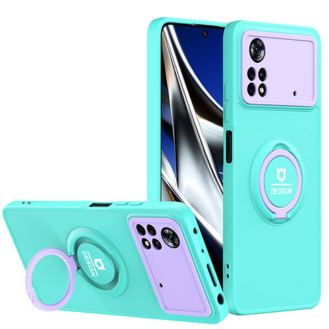 Coque Contour Silicone et Plastique Housse Etui Mat avec Support H01P pour Xiaomi Poco X4 Pro 5G Cyan