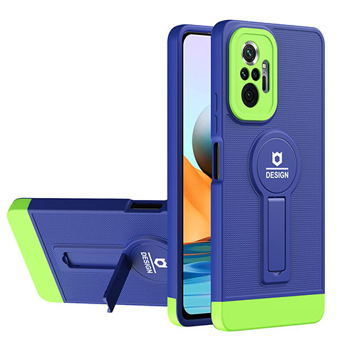 Coque Contour Silicone et Plastique Housse Etui Mat avec Support H01P pour Xiaomi Redmi Note 10 Pro 4G Bleu