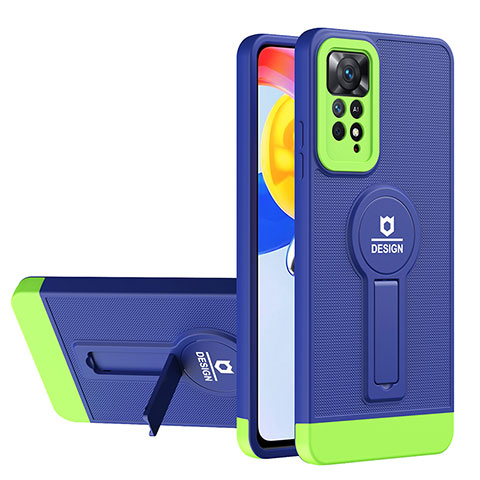 Coque Contour Silicone et Plastique Housse Etui Mat avec Support H01P pour Xiaomi Redmi Note 11 Pro 5G Bleu