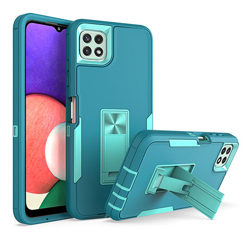 Coque Contour Silicone et Plastique Housse Etui Mat avec Support J01S pour Samsung Galaxy A22s 5G Cyan