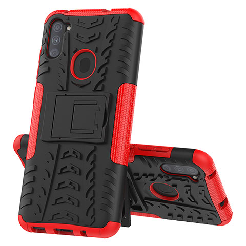 Coque Contour Silicone et Plastique Housse Etui Mat avec Support J01X pour Samsung Galaxy A11 Rouge