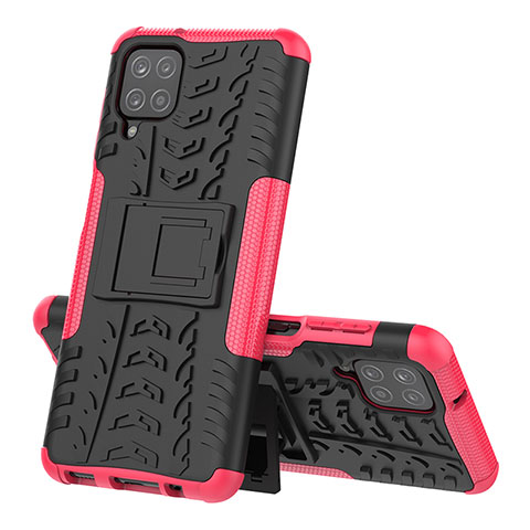 Coque Contour Silicone et Plastique Housse Etui Mat avec Support J01X pour Samsung Galaxy A12 Nacho Rose Rouge