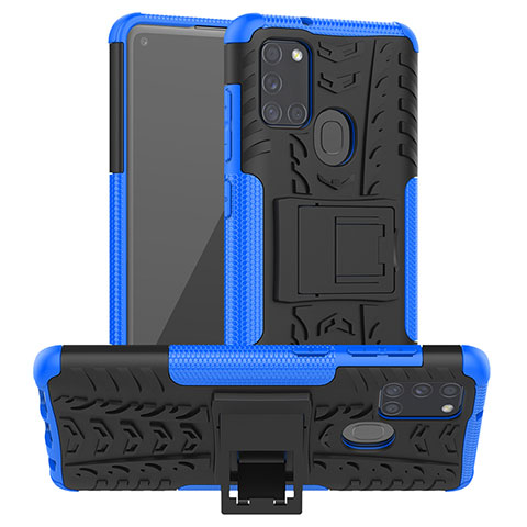 Coque Contour Silicone et Plastique Housse Etui Mat avec Support J01X pour Samsung Galaxy A21s Bleu