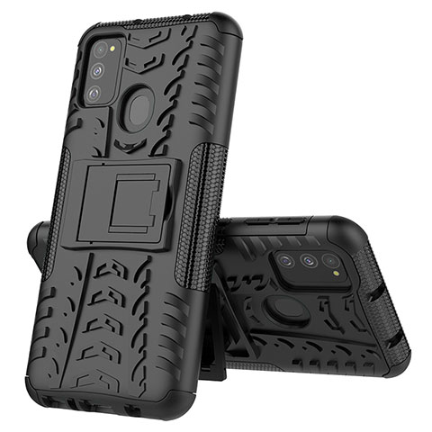 Coque Contour Silicone et Plastique Housse Etui Mat avec Support J01X pour Samsung Galaxy M21 Noir