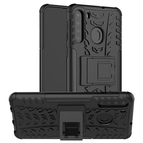 Coque Contour Silicone et Plastique Housse Etui Mat avec Support J02X pour Samsung Galaxy A21 Noir