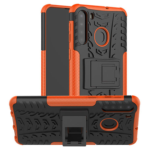 Coque Contour Silicone et Plastique Housse Etui Mat avec Support J02X pour Samsung Galaxy A21 Orange