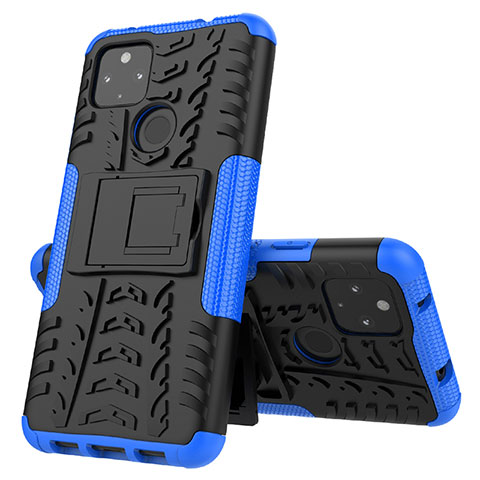 Coque Contour Silicone et Plastique Housse Etui Mat avec Support JX1 pour Google Pixel 4a 5G Bleu