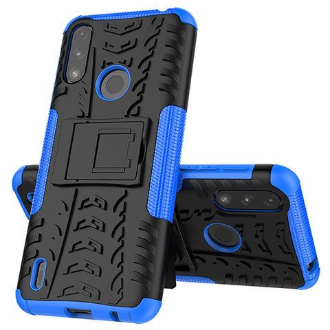 Coque Contour Silicone et Plastique Housse Etui Mat avec Support JX1 pour Motorola Moto E7 Power Bleu