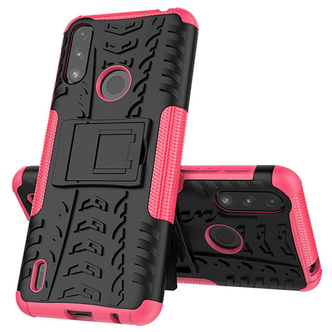 Coque Contour Silicone et Plastique Housse Etui Mat avec Support JX1 pour Motorola Moto E7 Power Rose Rouge