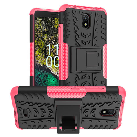 Coque Contour Silicone et Plastique Housse Etui Mat avec Support JX1 pour Nokia C100 Rose Rouge