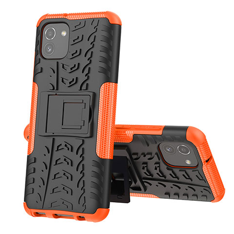 Coque Contour Silicone et Plastique Housse Etui Mat avec Support JX1 pour Samsung Galaxy A03 Orange