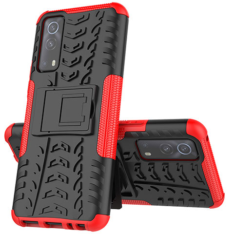 Coque Contour Silicone et Plastique Housse Etui Mat avec Support JX1 pour Vivo Y52 5G Rouge