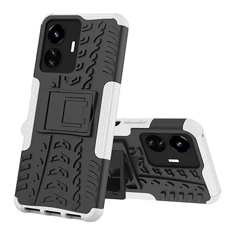 Coque Contour Silicone et Plastique Housse Etui Mat avec Support JX1 pour Vivo Y77e 5G Argent