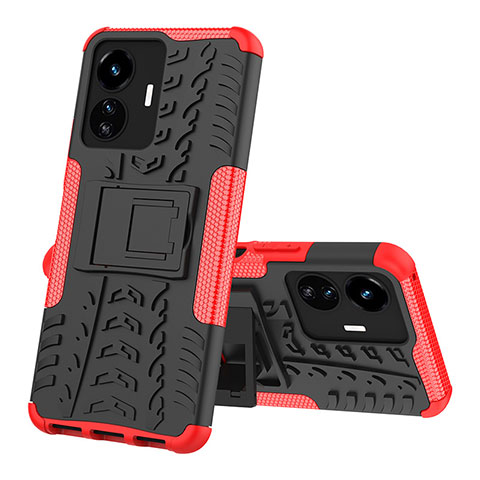 Coque Contour Silicone et Plastique Housse Etui Mat avec Support JX1 pour Vivo Y77e 5G Rouge