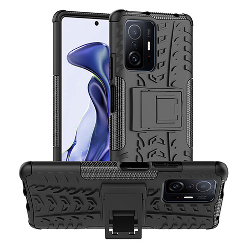 Coque Contour Silicone et Plastique Housse Etui Mat avec Support JX1 pour Xiaomi Mi 11T Pro 5G Noir