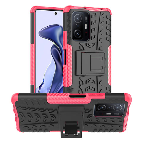 Coque Contour Silicone et Plastique Housse Etui Mat avec Support JX1 pour Xiaomi Mi 11T Pro 5G Rose Rouge