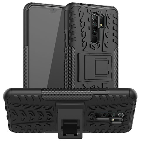 Coque Contour Silicone et Plastique Housse Etui Mat avec Support JX1 pour Xiaomi Redmi 9 Prime India Noir