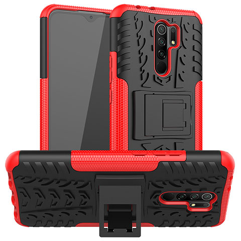 Coque Contour Silicone et Plastique Housse Etui Mat avec Support JX1 pour Xiaomi Redmi 9 Rouge