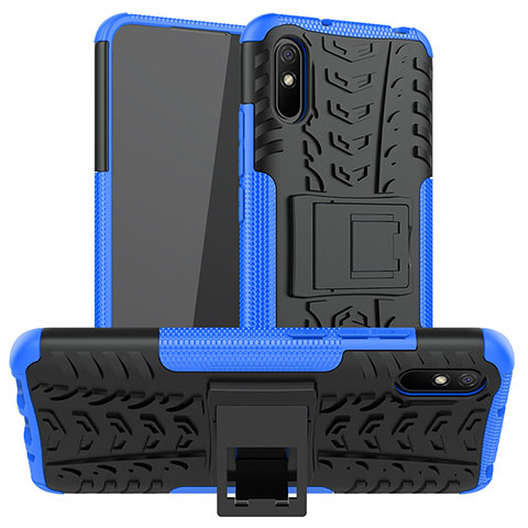 Coque Contour Silicone et Plastique Housse Etui Mat avec Support JX1 pour Xiaomi Redmi 9AT Bleu