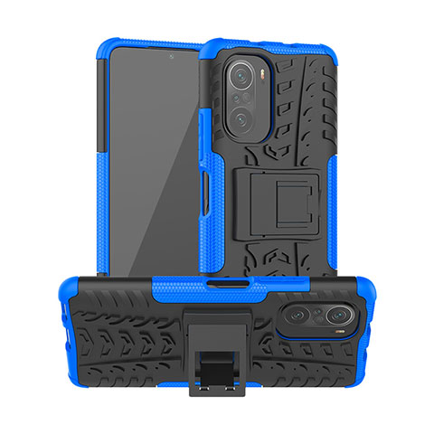 Coque Contour Silicone et Plastique Housse Etui Mat avec Support JX1 pour Xiaomi Redmi K40 Pro+ Plus 5G Bleu