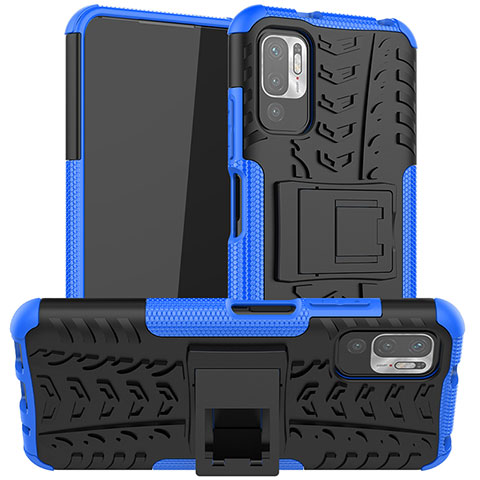 Coque Contour Silicone et Plastique Housse Etui Mat avec Support JX1 pour Xiaomi Redmi Note 10 5G Bleu