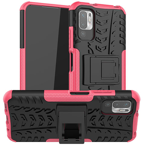 Coque Contour Silicone et Plastique Housse Etui Mat avec Support JX1 pour Xiaomi Redmi Note 10 5G Rose Rouge