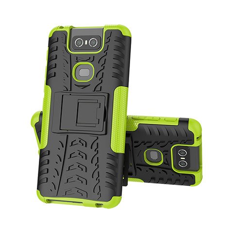 Coque Contour Silicone et Plastique Housse Etui Mat avec Support JX2 pour Asus Zenfone 6 ZS630KL Vert