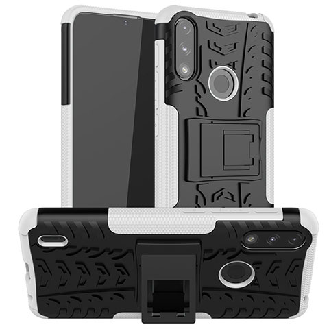 Coque Contour Silicone et Plastique Housse Etui Mat avec Support JX2 pour Motorola Moto E7 Power Argent