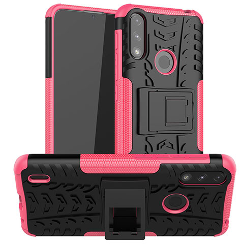 Coque Contour Silicone et Plastique Housse Etui Mat avec Support JX2 pour Motorola Moto E7 Power Rose Rouge