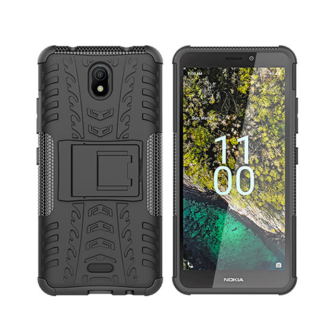 Coque Contour Silicone et Plastique Housse Etui Mat avec Support JX2 pour Nokia C100 Noir