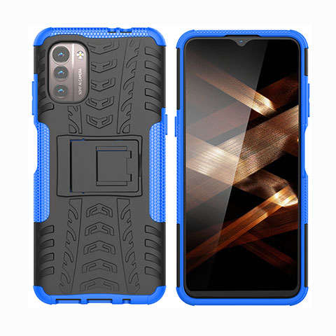 Coque Contour Silicone et Plastique Housse Etui Mat avec Support JX2 pour Nokia G21 Bleu