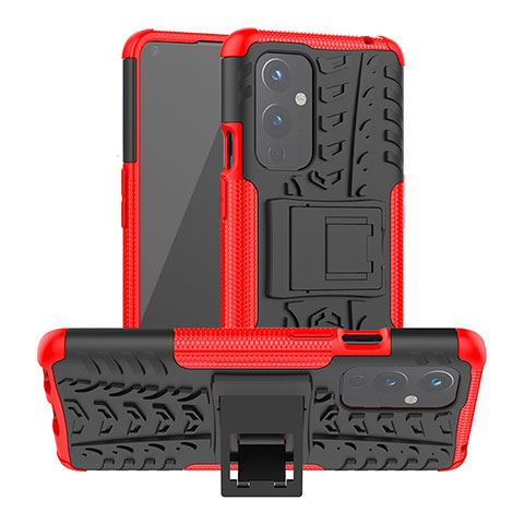 Coque Contour Silicone et Plastique Housse Etui Mat avec Support JX2 pour OnePlus 9 5G Rouge