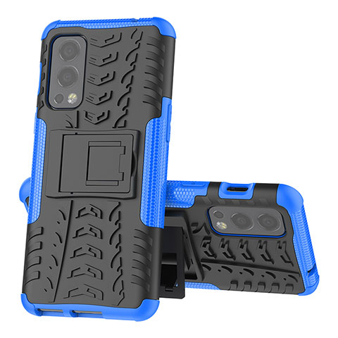 Coque Contour Silicone et Plastique Housse Etui Mat avec Support JX2 pour OnePlus Nord 2 5G Bleu