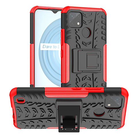 Coque Contour Silicone et Plastique Housse Etui Mat avec Support JX2 pour Realme C25Y India Rouge