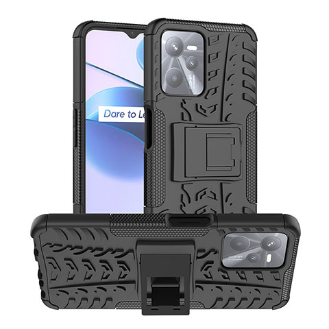 Coque Contour Silicone et Plastique Housse Etui Mat avec Support JX2 pour Realme C35 Noir