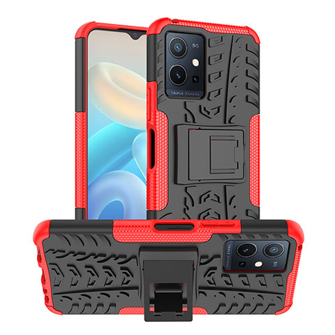 Coque Contour Silicone et Plastique Housse Etui Mat avec Support JX2 pour Vivo iQOO Z6 5G Rouge