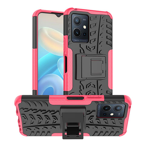 Coque Contour Silicone et Plastique Housse Etui Mat avec Support JX2 pour Vivo T1 5G India Rose Rouge