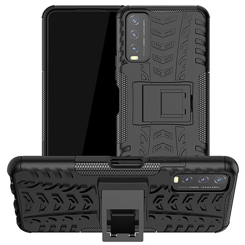 Coque Contour Silicone et Plastique Housse Etui Mat avec Support JX2 pour Vivo Y20s G Noir