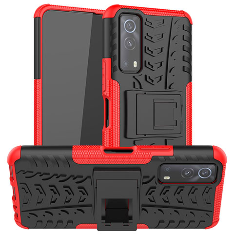 Coque Contour Silicone et Plastique Housse Etui Mat avec Support JX2 pour Vivo Y72 5G Rouge